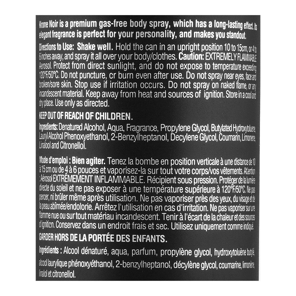 Krone Noir Ash Gas-Free Body Spray| France| DEDORANTS FOR MEN