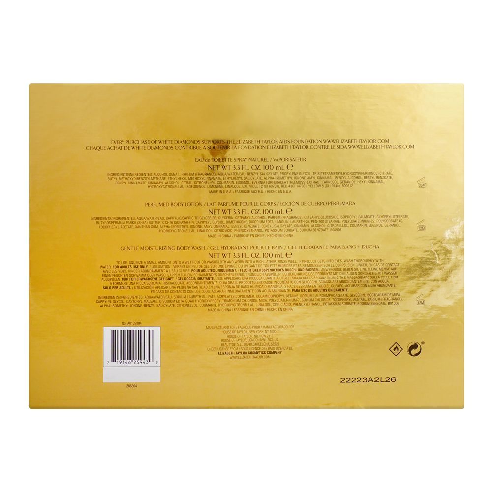 Elizabeth Taylor White Diamond Gift Set, For Women, Eau De Toilette Natural Spray 100ml + Perfumed Body Lotion 100ml + Moisturizing Gel Hydratant Body Wash 100ml | Elizabeth Taylor | For Women