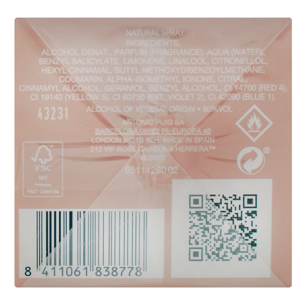 Carolina Herrera 212 Vip Rose Are You On The List? NYC, Eau De Parfum, 125ml | Spain | Fragrance For Women