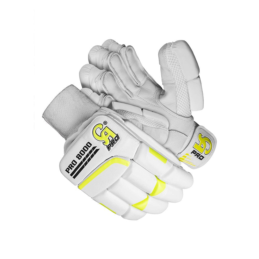 CA Cricket Batting Gloves - Pro 8000 For Adults - Left Handed White/Yellow | CA Cricket Batting Gloves | Cricket