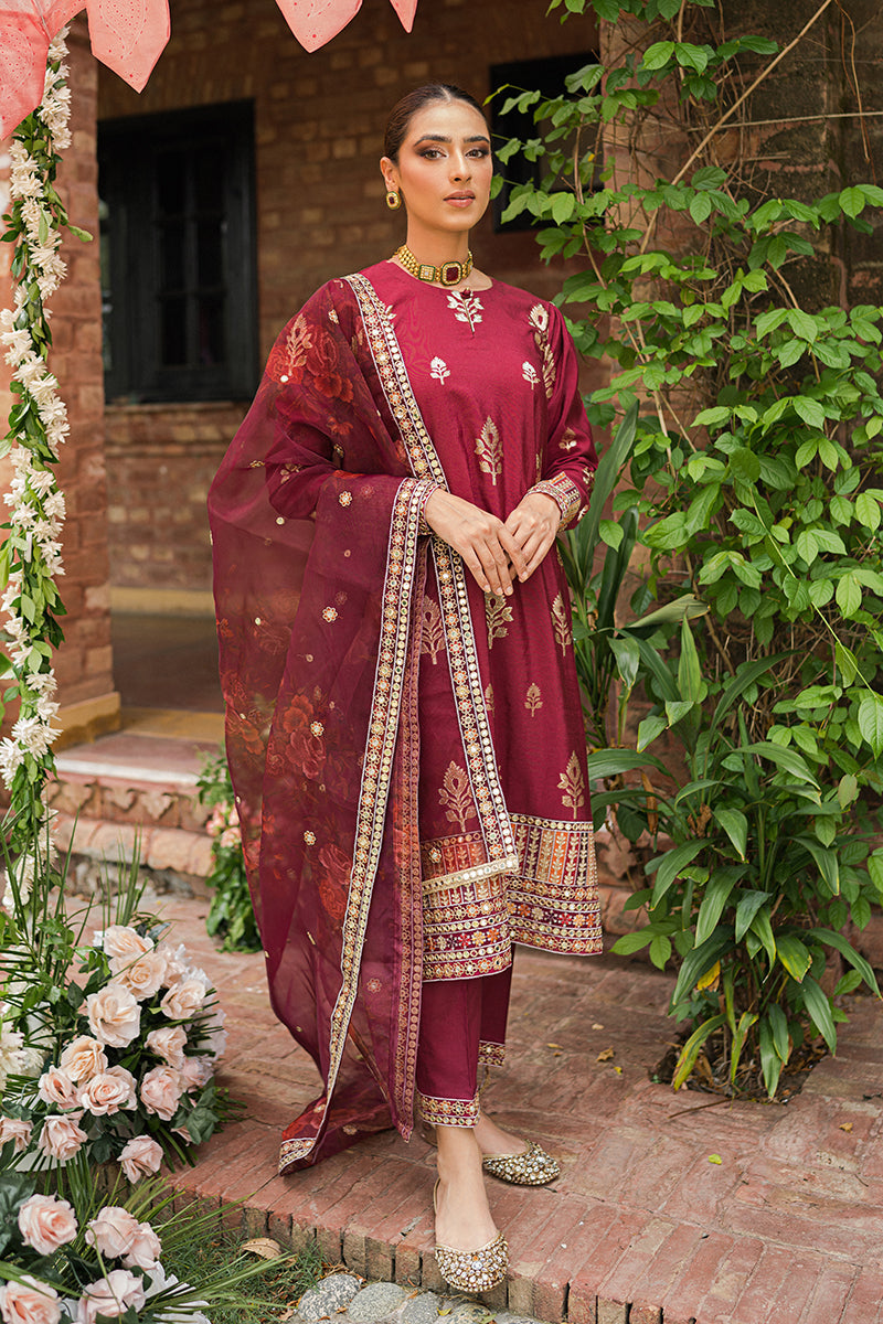 SYAH QURMAZI-3PC | Cross Stitch The Bride Tribe Wedding Festive Collection 2022 | Unstitched Embroidered Jacquard Suits | Cross Stitch 2023