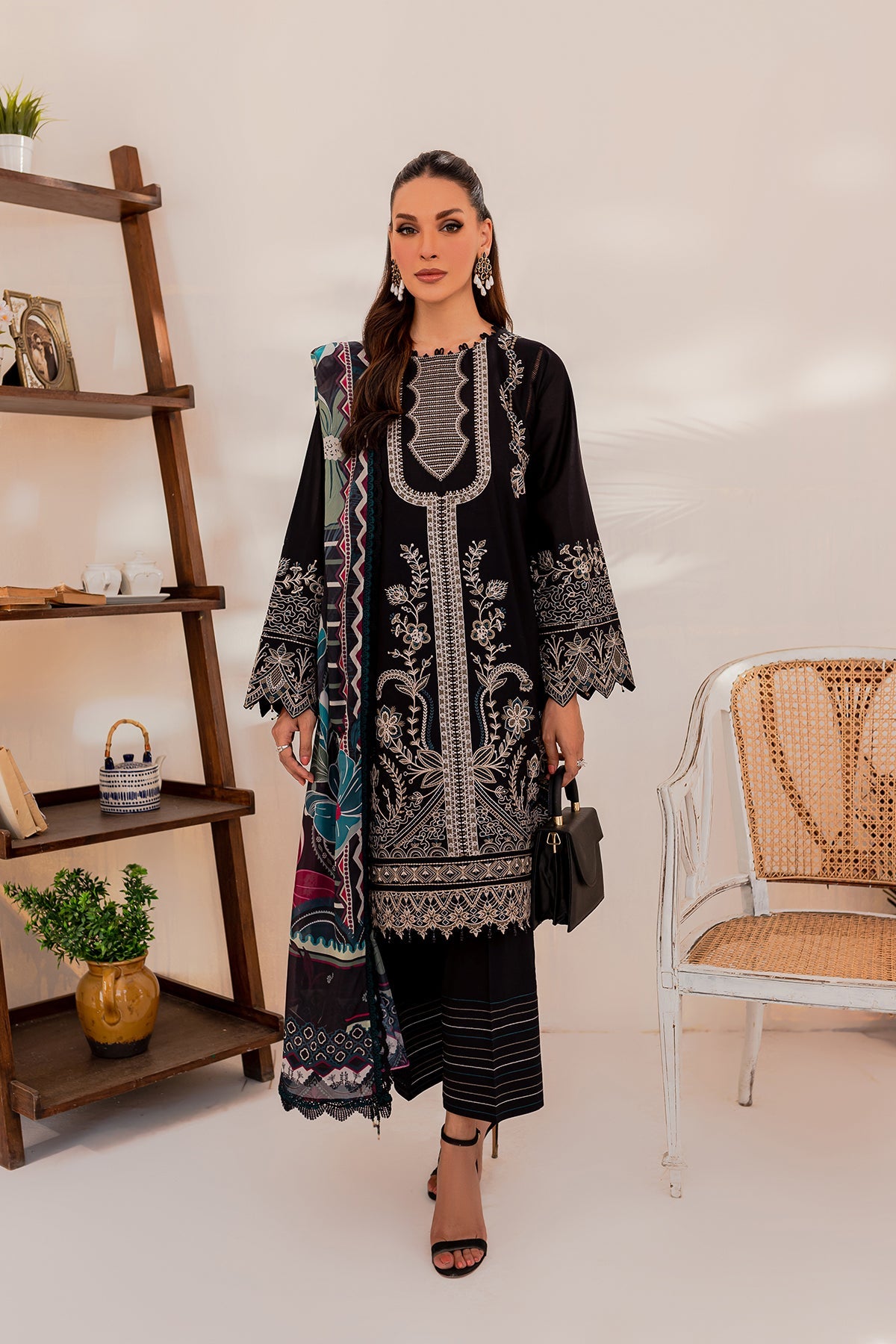 Black Floret | Farasha Mehak Festive Lawn SS 23 | Unstitched Embroidered Collection
