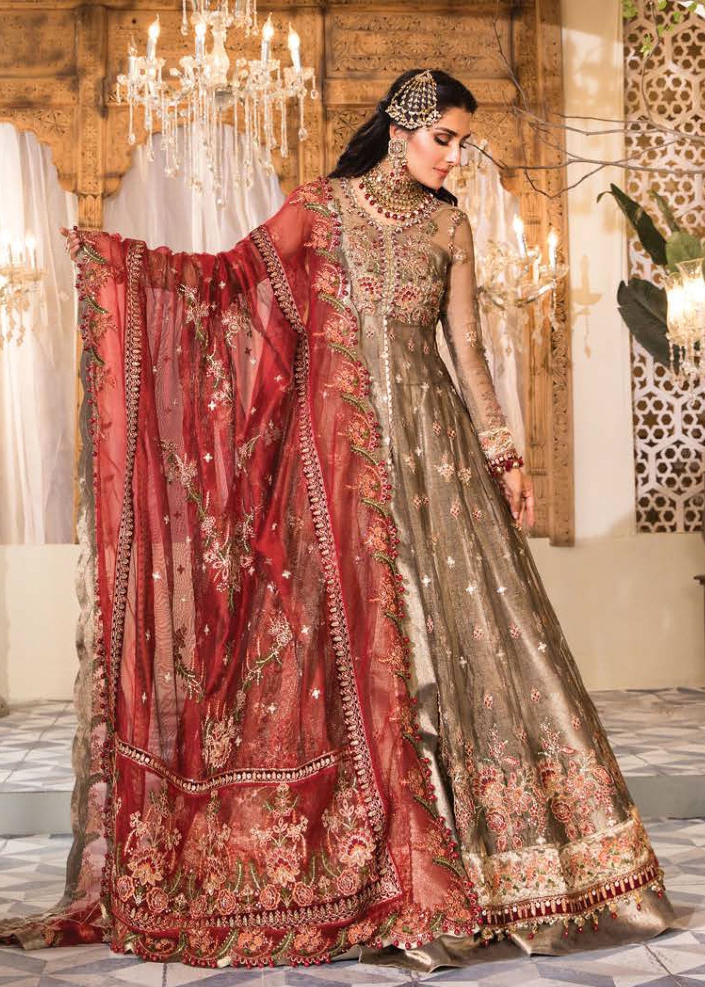 Burnt Gold and Maroon (BD-2401) | Maria B Mbroidered Heritage Edition 2022 | Unstitched Embroidered Net Suits