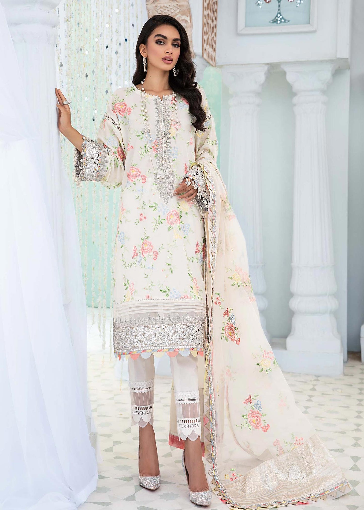 EL-22-02-White | Maria.B. Lawn Eid Collection 2022 | Unstitched Embroidered Lawn Suit