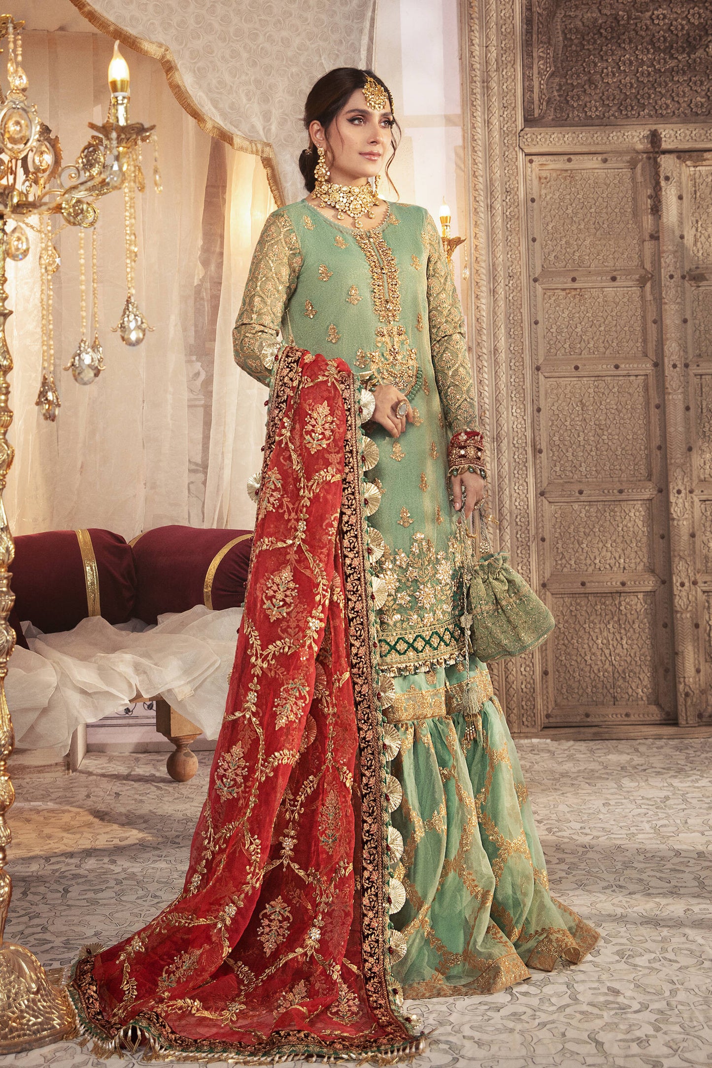 BD-2303 Coral in Sea green | Maria B Mbroidered Winter Wedding Collection 2021 | Unstitched Embroidered Suits