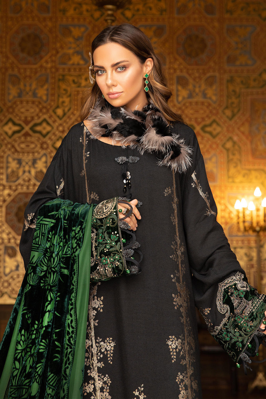 DL-907-Black and Emerald Green | Maria B Winter Linen Unstitched Collection 2021 | Unstitched Embroidered Linen Suits