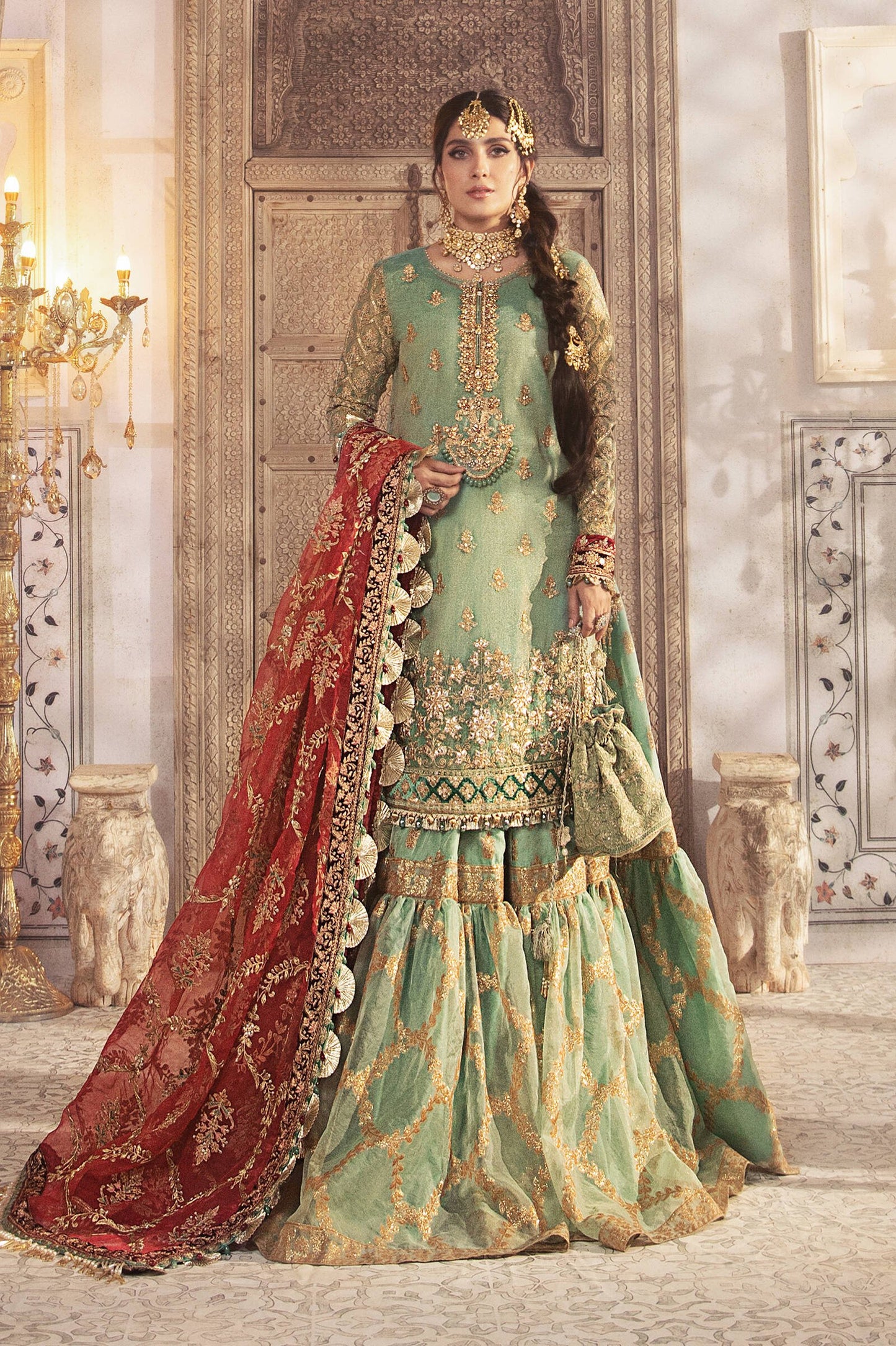 BD-2303 Coral in Sea green | Maria B Mbroidered Winter Wedding Collection 2021 | Unstitched Embroidered Suits