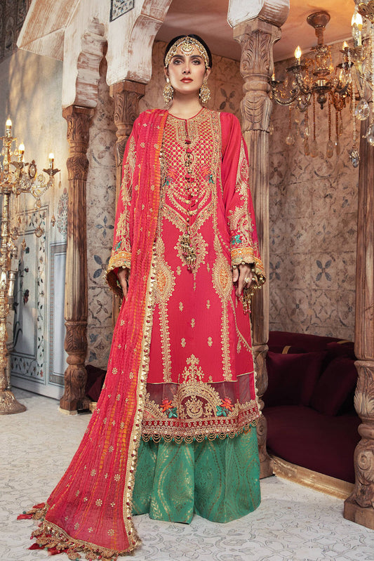 BD 2302 Aqua and Salmon Pink | Maria B Mbroidered Winter Wedding Collection 2021 | Unstitched Embroidered Suits