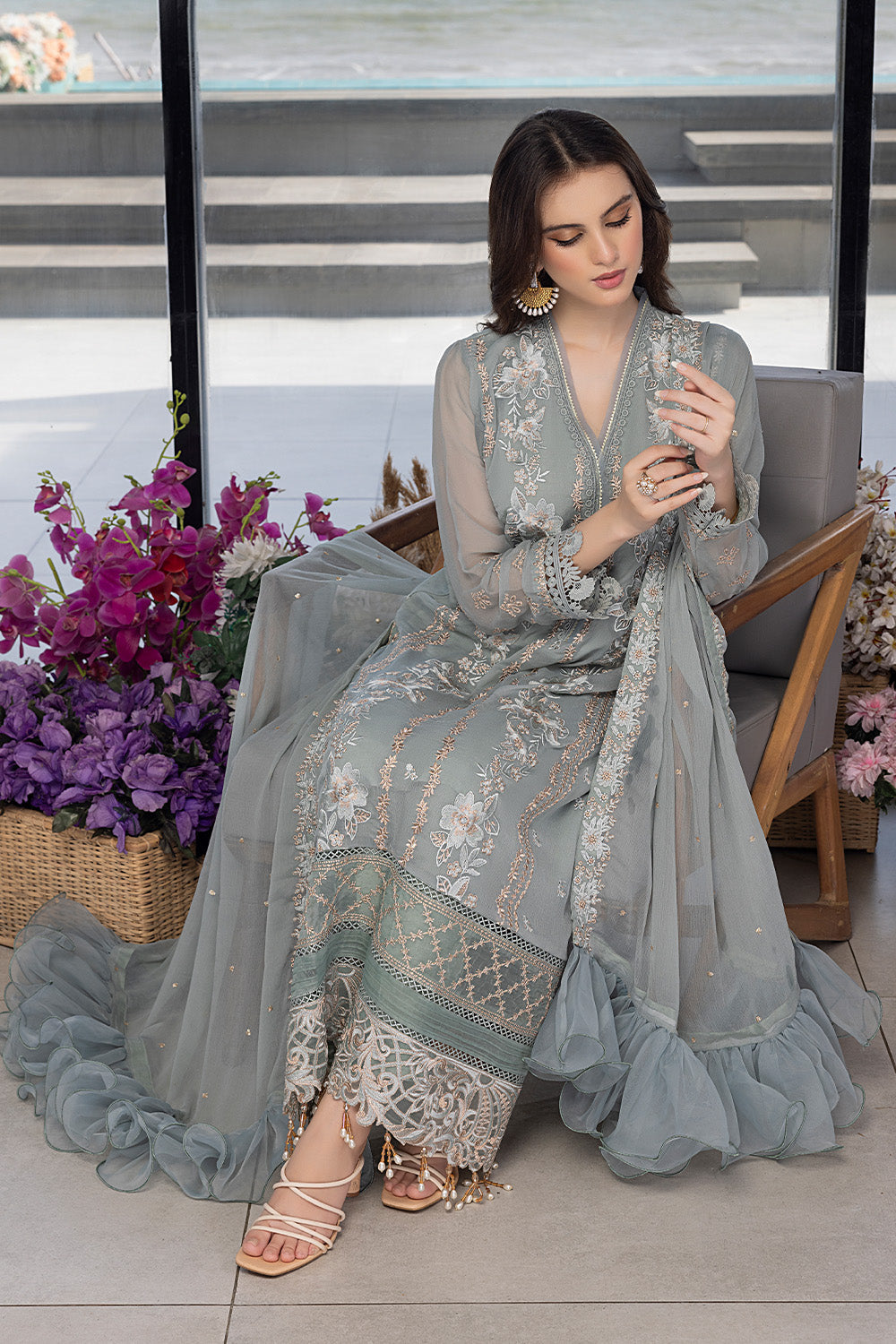 Floral Fringe | Azure Ensembles Chiffon 3PCS 2023