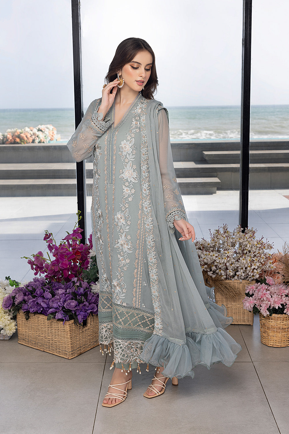 Floral Fringe | Azure Ensembles Chiffon 3PCS 2023