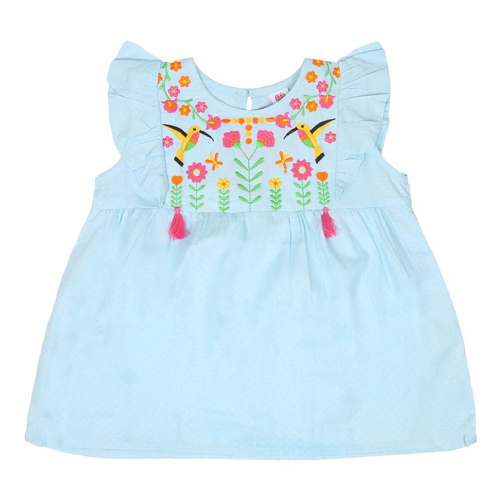 Infant Girls Embroided Top Exotic Bird - Blue | Bachaa Party Baby Clothes Girls Tops & T-Shirts