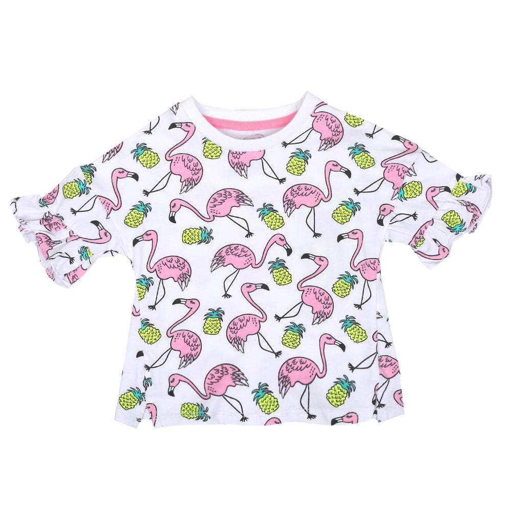 Infant Girls T-Shirt Flamingo-B.White | Bachaa Party Baby Clothes Girls Tops & T-Shirts