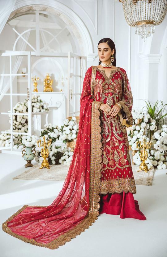 MFD-0002-Radical Red | Maryum N Maria Luxury Chiffon Collection 2021 | Unstitched Embroidered Net Suits