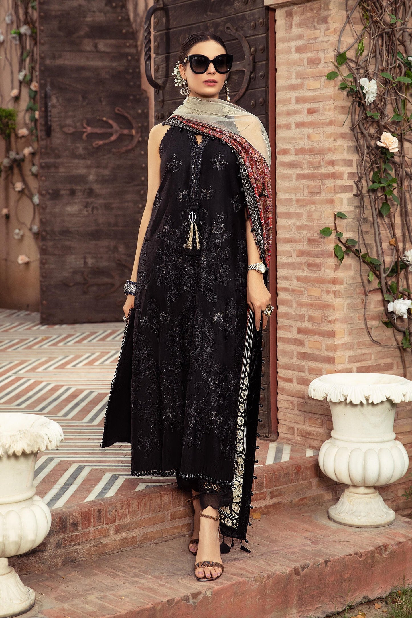 Unstitched Sateen CST-408-Black | MariaB Sateen Cotton Collection 2021 | Unstitched Embroidered Cotton Satin Suits