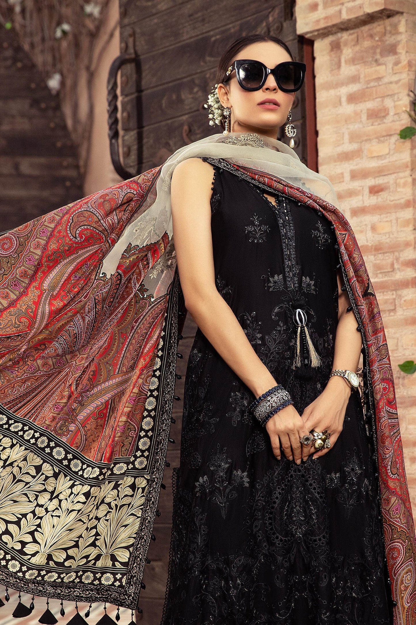 Unstitched Sateen CST-408-Black | MariaB Sateen Cotton Collection 2021 | Unstitched Embroidered Cotton Satin Suits