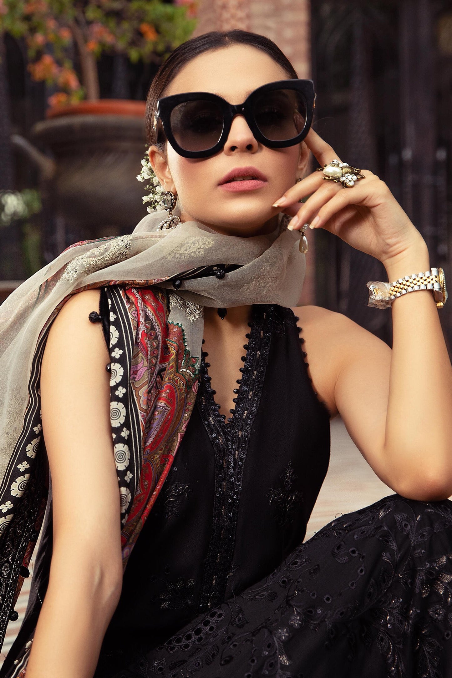 Unstitched Sateen CST-408-Black | MariaB Sateen Cotton Collection 2021 | Unstitched Embroidered Cotton Satin Suits