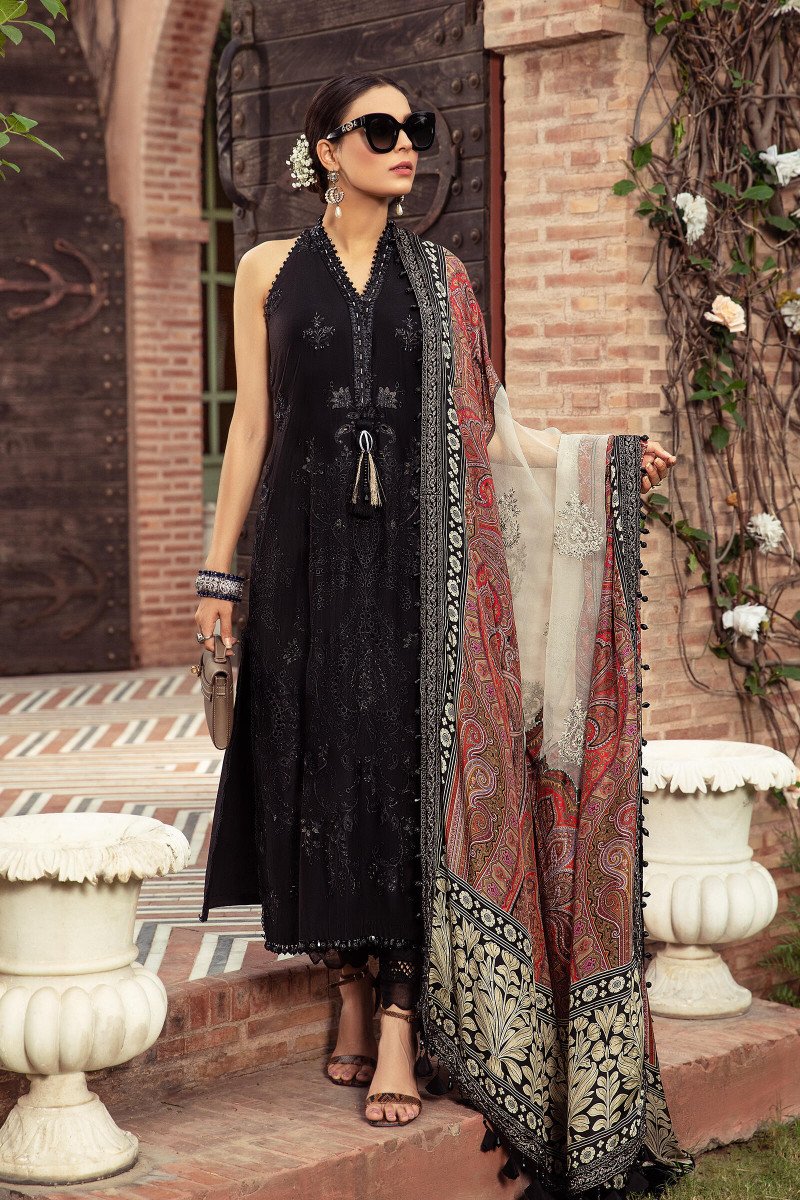 Unstitched Sateen CST-408-Black | MariaB Sateen Cotton Collection 2021 | Unstitched Embroidered Cotton Satin Suits
