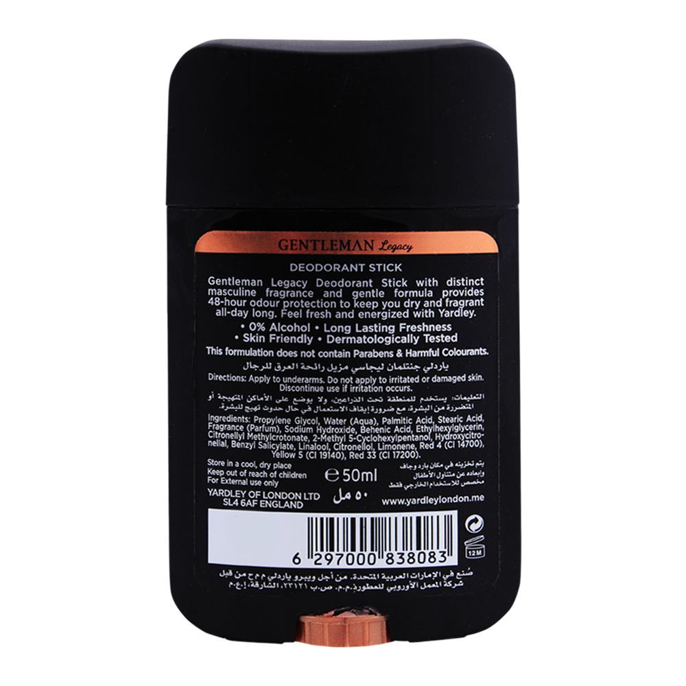 Yardley Gentleman Legacy Deodorant Stick, 0% Alcohol|United Kingdom | For Men.