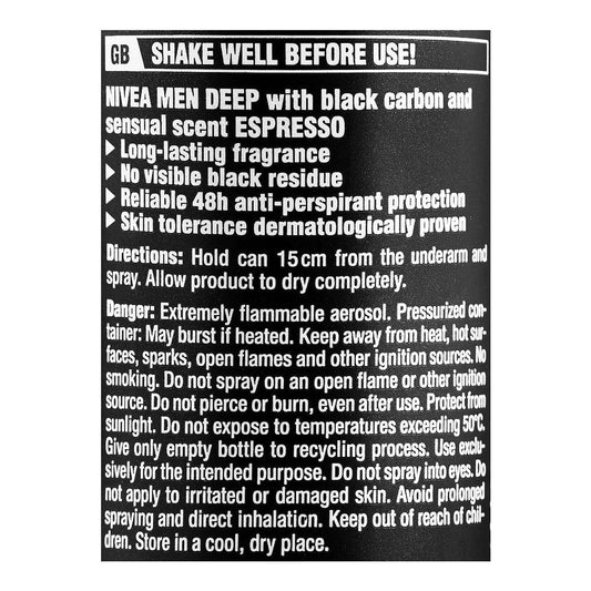Nivea Men 48H Deep Black Carbon Espresso Anti-Perspirant Deodorant Body Spray| Germany | Dedorant for  Men.