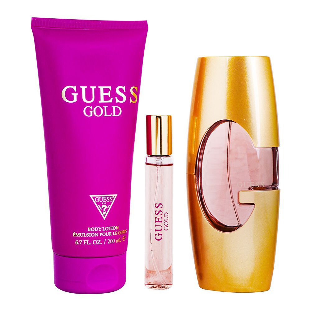 Guess Gold Perfume Set For Women, EDP 75ml + Travel Spray 15ml + Body Lotion 200ml | Fragrance For Women