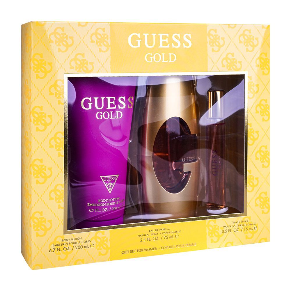 Guess Gold Perfume Set For Women, EDP 75ml + Travel Spray 15ml + Body Lotion 200ml | Fragrance For Women