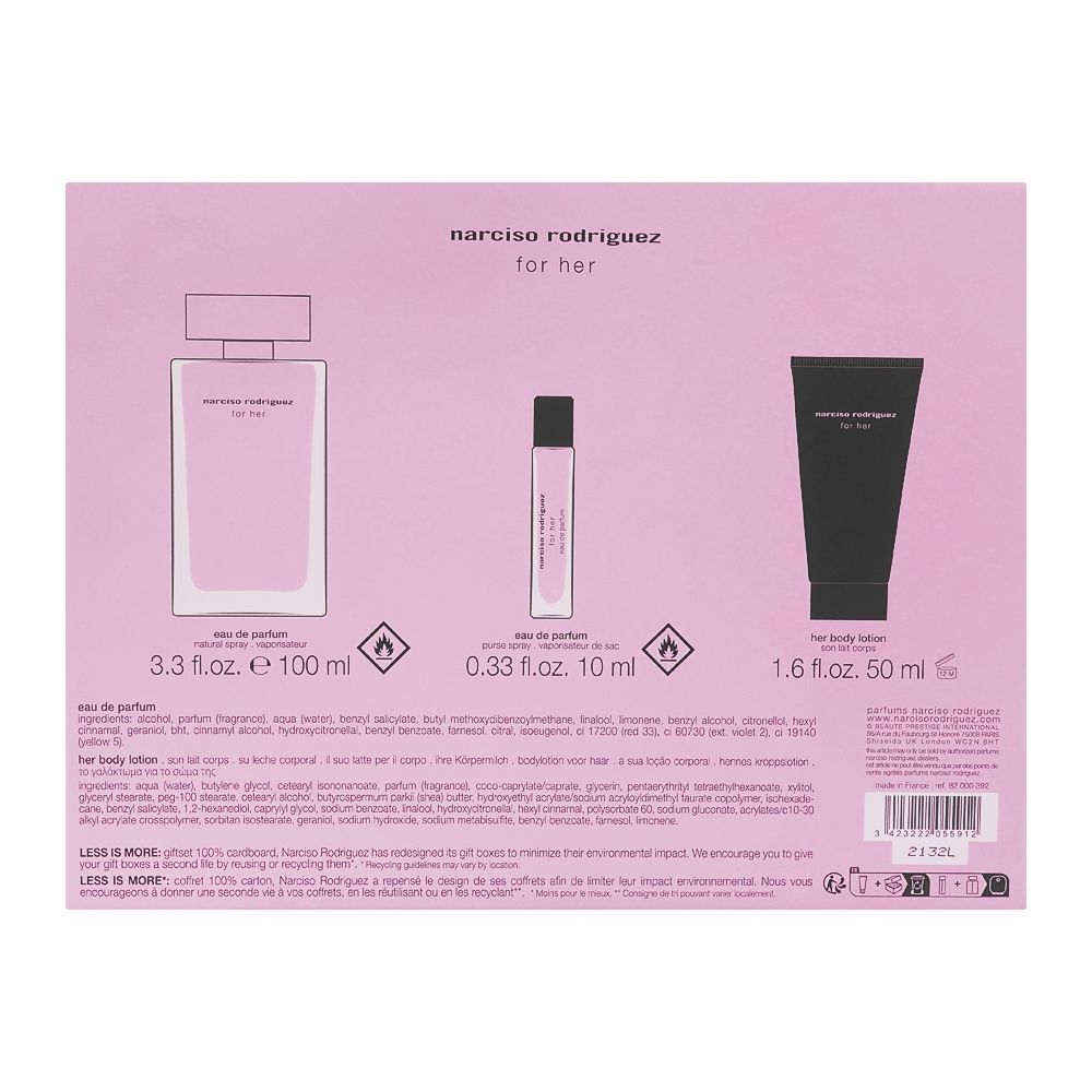 Narciso Rodriguez For Her Set Eau De Parfum 100ml + Eau De Parfum 10ml + Body Lotion, 50ml | France | Fragrance For Women