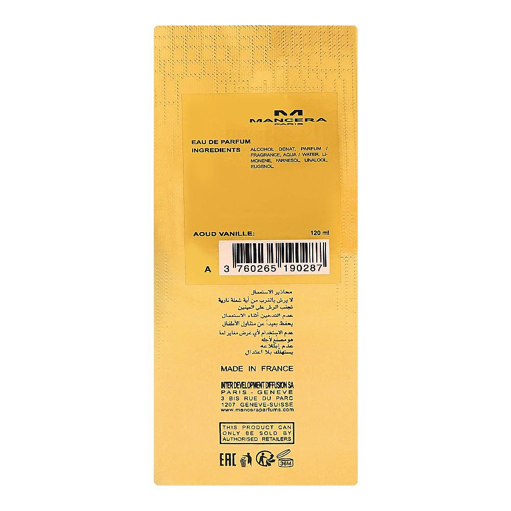 Mancera Aoud Vanille Eau De Parfum, 120ml | France | For Men & Women