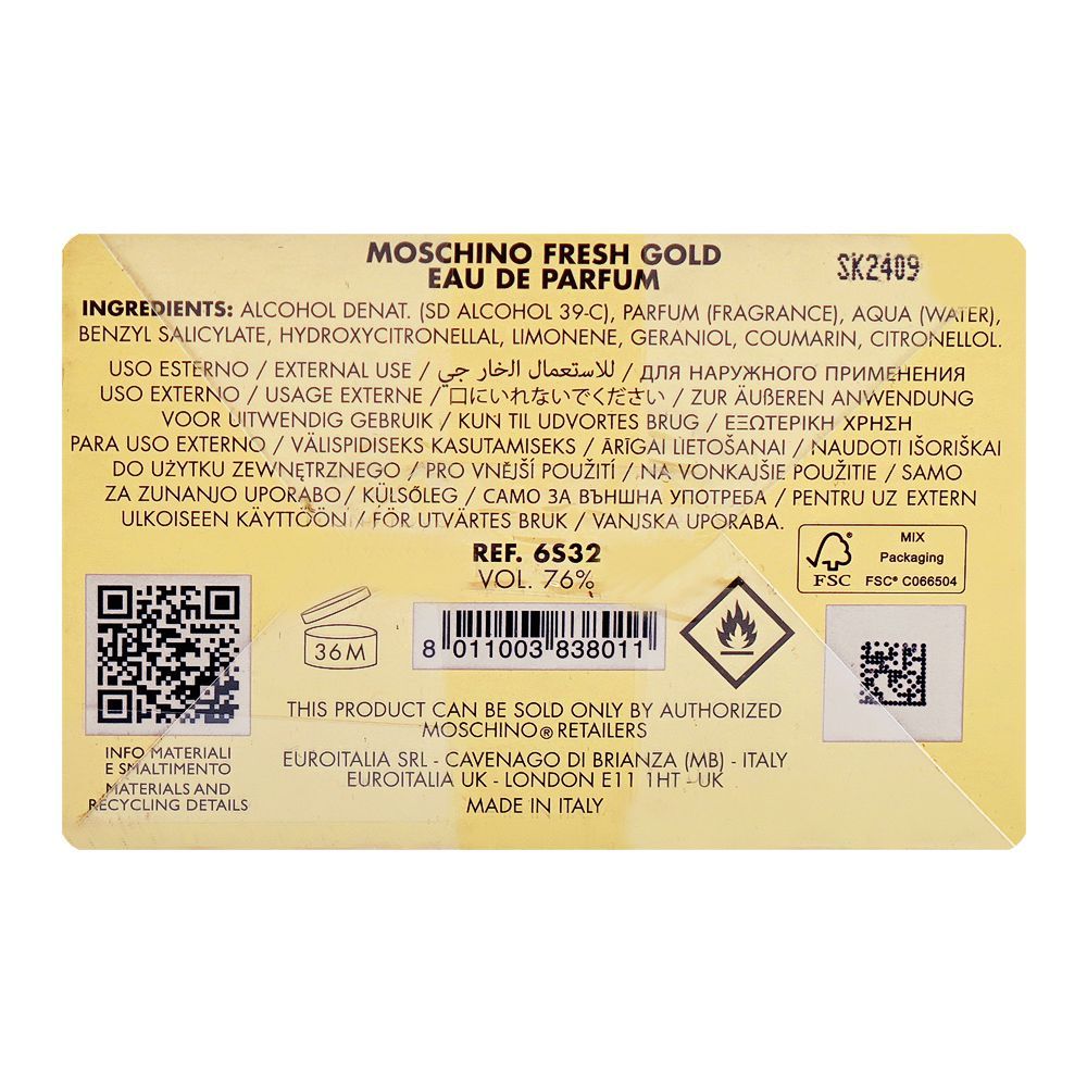 Moschino Fresh Gold Eau De Parfum, 100ml | Italy | Fragrance For Women