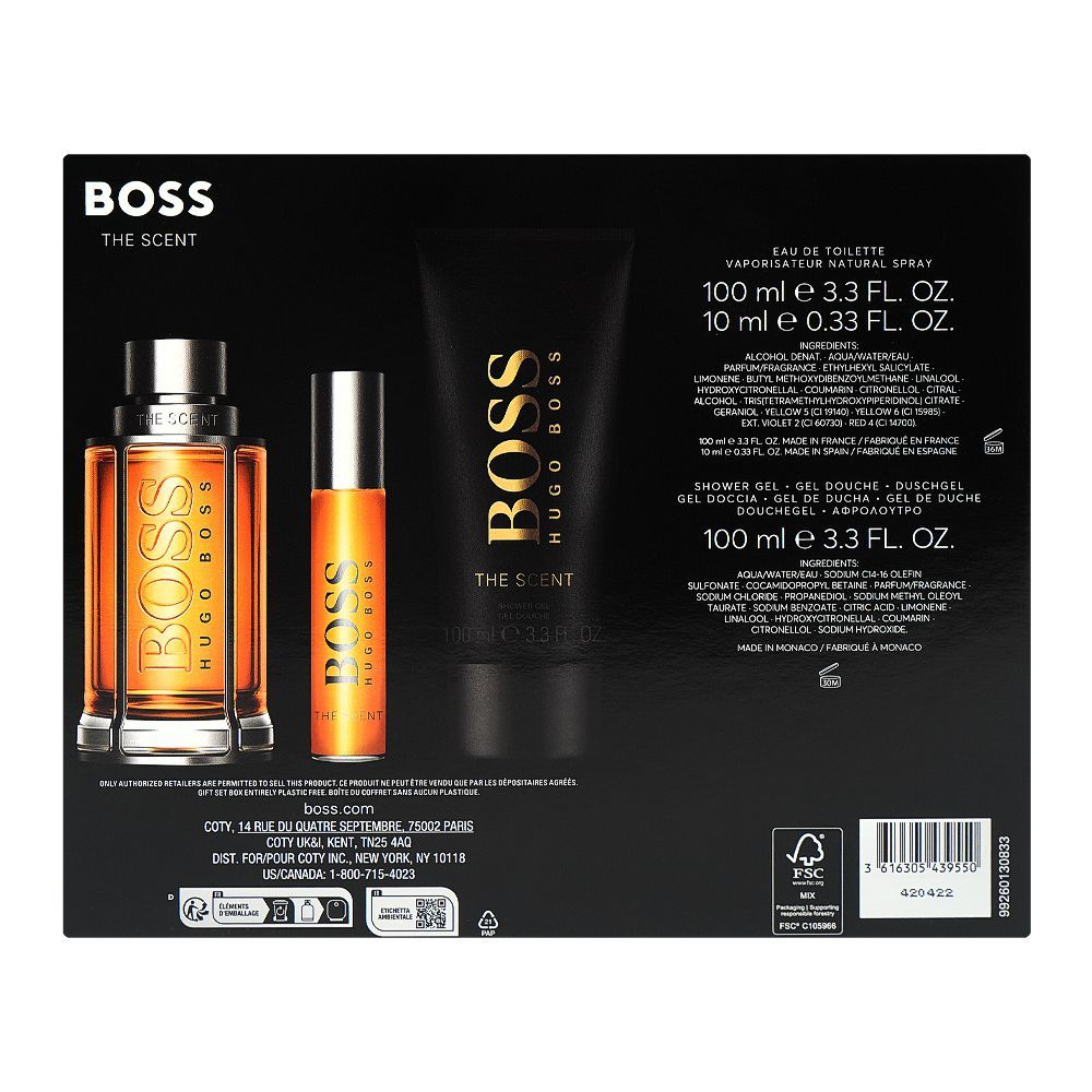 Hugo Boss The Scent For Him Set, Eau De Toilette 100ml + Eau De Toilette 10ml + Shower Gel 100ml | France | Fragrance For Men