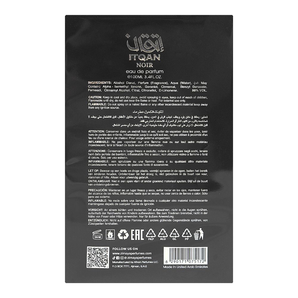 Zimaya Itqan Noir, Eau De Parfum, 100ml | United Arab Emirates | For Men & Women
