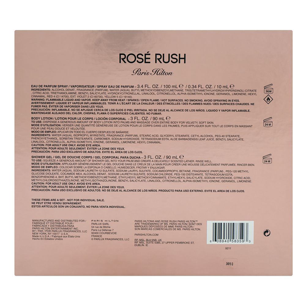 Paris Hilton Rose Rush Set, For Women, Eau De Parfum 100ml + Body Lotion 90ml + Shower Gel 90ml | United States | Fragrance For Women