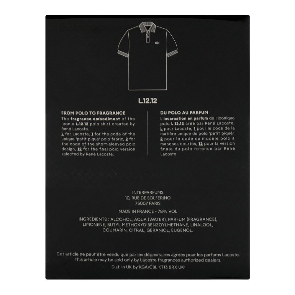 Lacoste L.12.12 Noir, Eau De Toilette, 100ml | France | Fragrance For Men