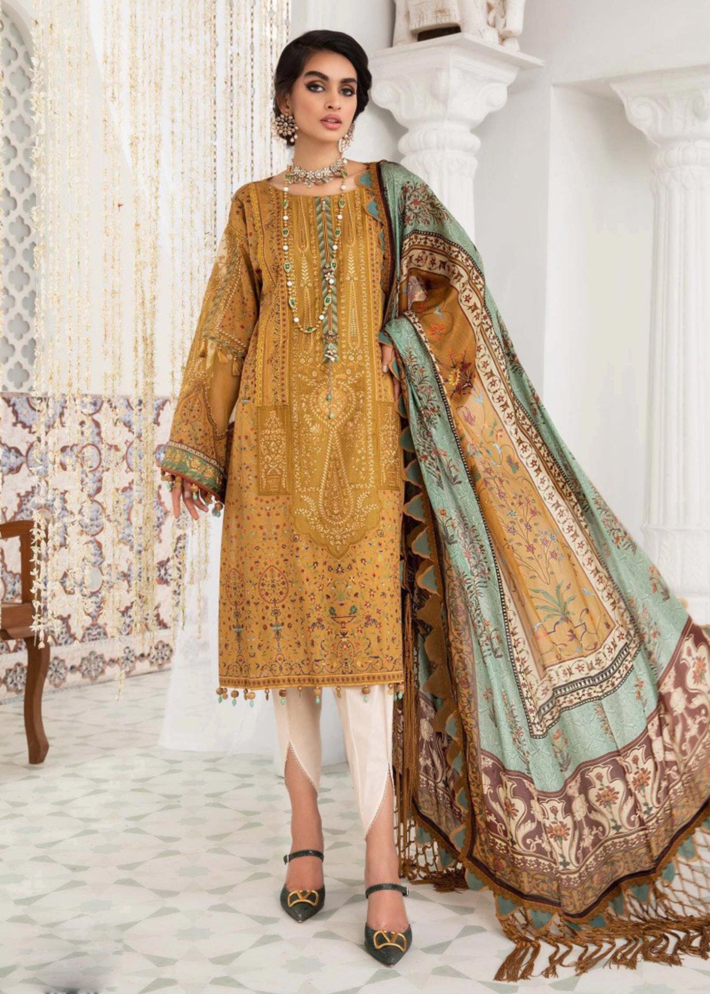 EL-22-09-Mustard | Maria.B. Lawn Eid Collection 2022 | Unstitched Embroidered Lawn Suit