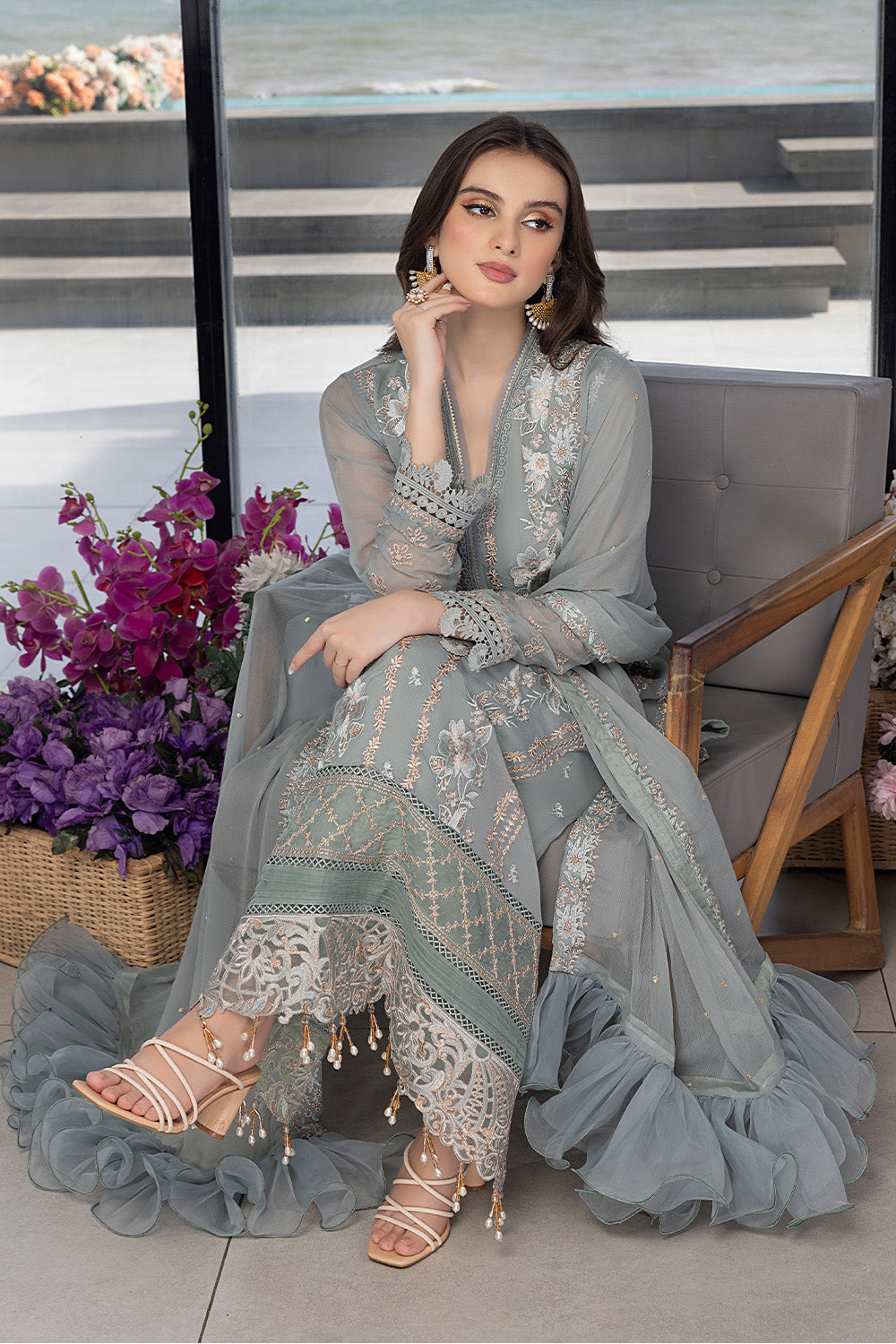 Floral Fringe |  Azure Ensembles Chiffon 3PCS 2023