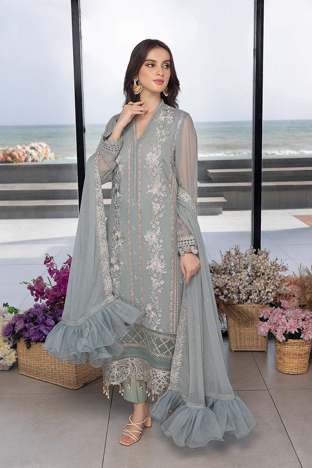 Floral Fringe |  Azure Ensembles Chiffon 3PCS 2023