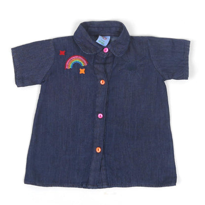 Infant Girls Top Denim Rainbow EMB - Mid Blue | Bachaa Party Baby Clothes Girls Tops & T-Shirts