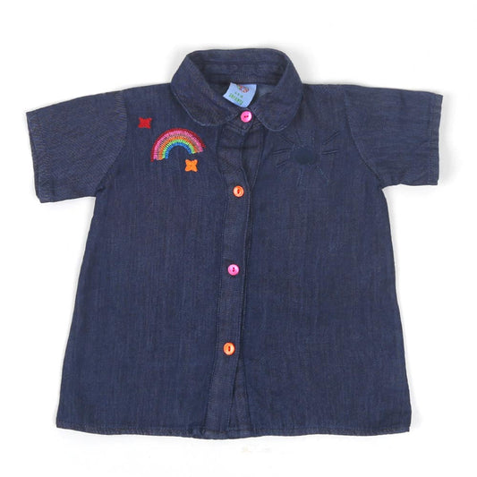 Infant Girls Top Denim Rainbow EMB - Mid Blue | Bachaa Party Baby Clothes Girls Tops & T-Shirts