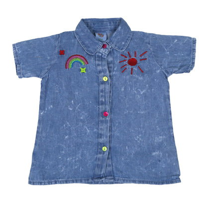 Infant Girls Top Denim Rainbow Emb - Ice Blue | Bachaa Party Baby Clothes Girls Tops & T-Shirts